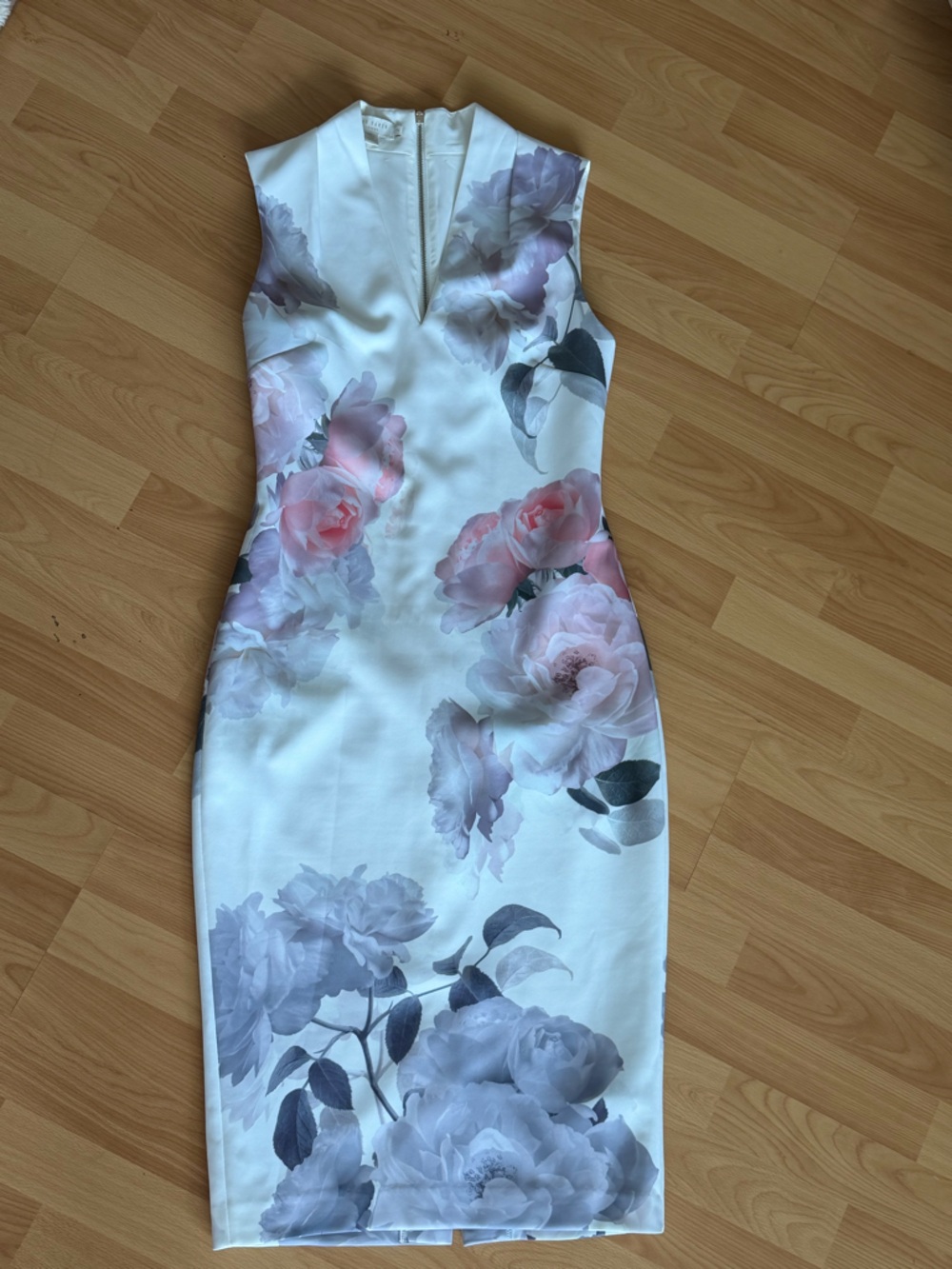 Ted Baker White Floral Dress with Silver Zip Accent